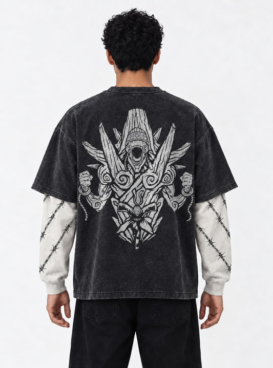 Naruto Soft Washed Double Sleeves T-Shirt on model, back view