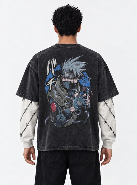 Naruto Streetwear Washed Double Sleeves T-Shirt on model, back view