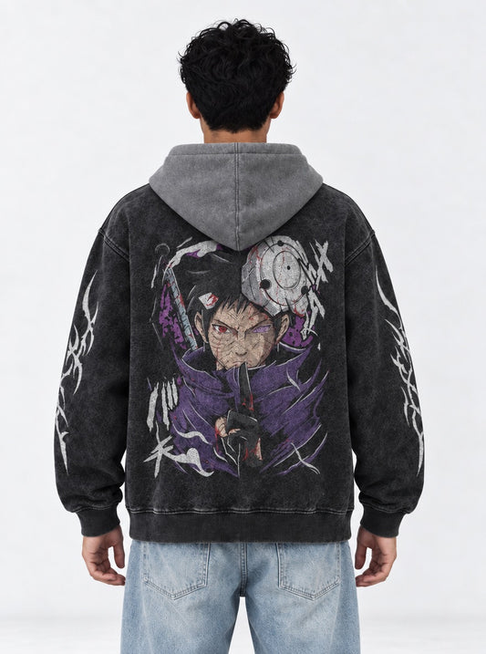 Naruto Urban Black and Grey Washed Hoodie on model, back view