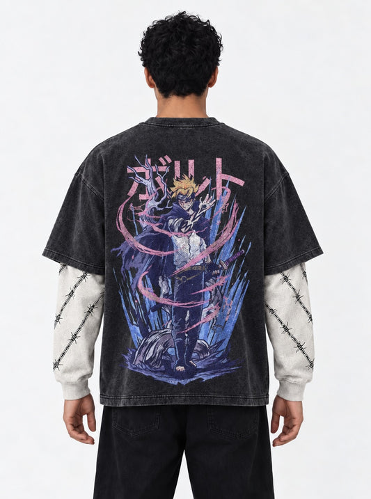 Naruto Urban Washed Double Sleeves T-Shirt on model, back view
