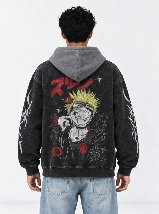 Naruto Vintage Black and Grey Washed Hoodie on model, back view