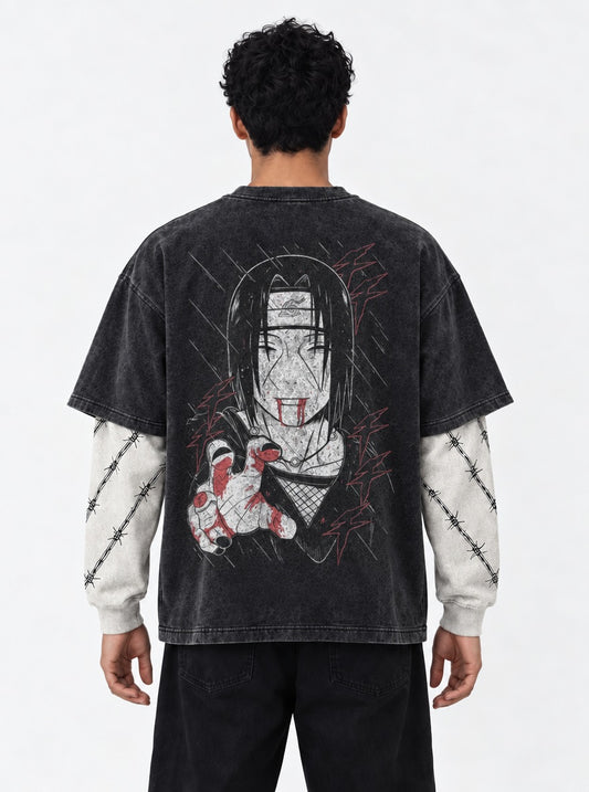 Naruto Vintage Washed Double Sleeves T-Shirt on model, back view