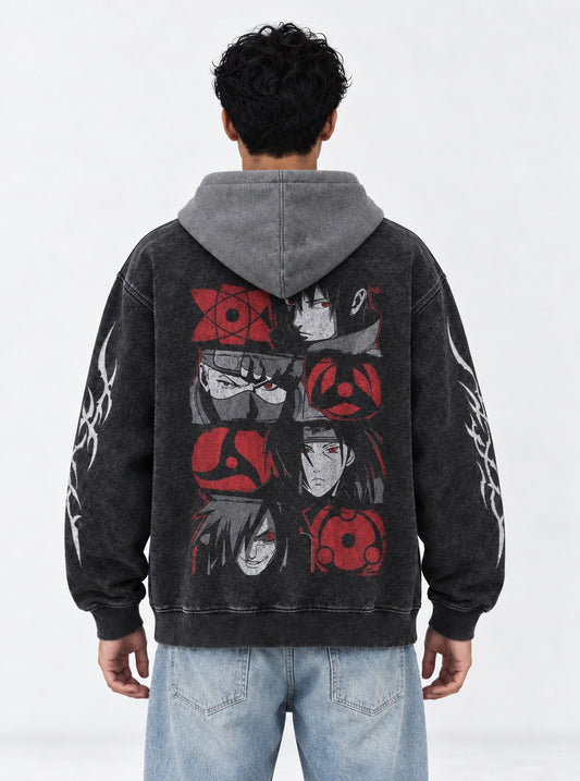 Naruto Washed Black and Grey Washed Hoodie on model, back view