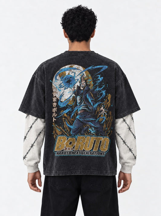 Naruto Washed Washed Double Sleeves T-Shirt on model, back view