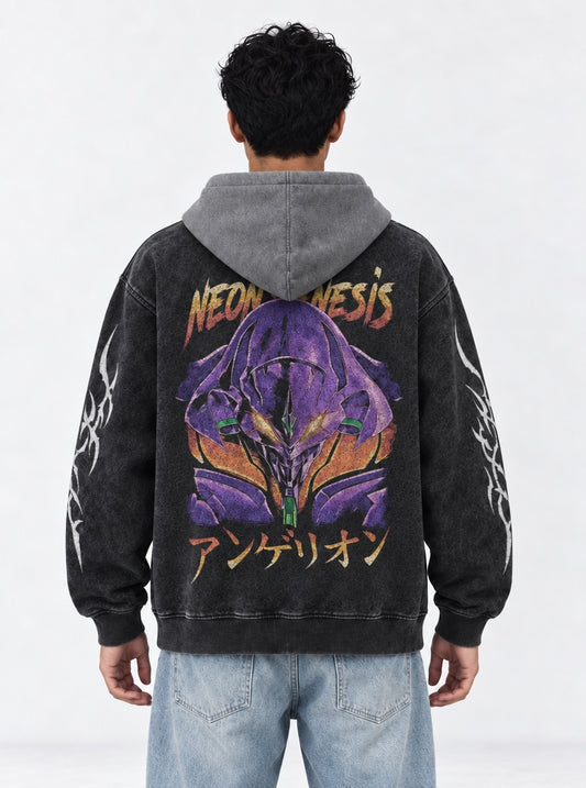 Neon Genesis Evangelion Bold Black and Grey Washed Hoodie on model, back view