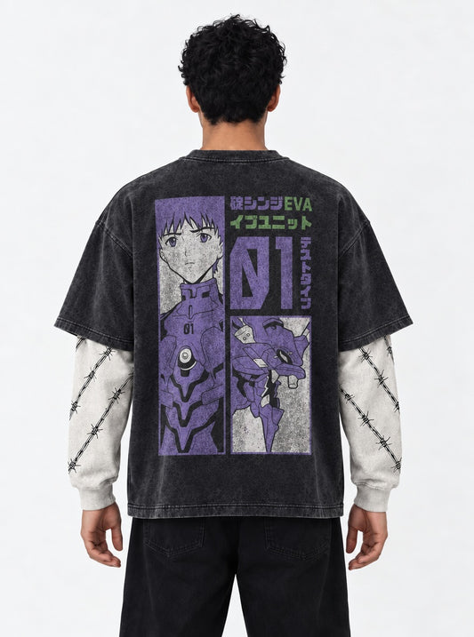 Neon Genesis Evangelion Bold Washed Double Sleeves T-Shirt on model, back view