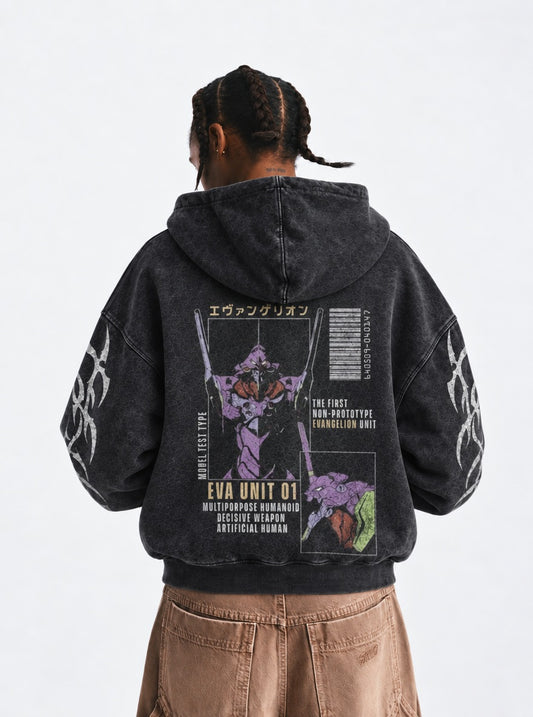 Neon Genesis Evangelion Bold Washed Hoodie on model, back view
