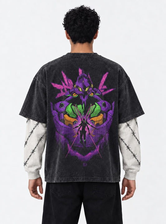 Neon Genesis Evangelion Classic Washed Double Sleeves T-Shirt on model, back view