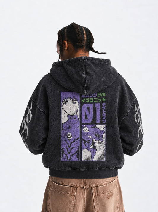 Neon Genesis Evangelion Classic Washed Hoodie on model, back view