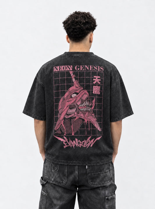 Neon Genesis Evangelion Classic Washed T-Shirt on model, back view
