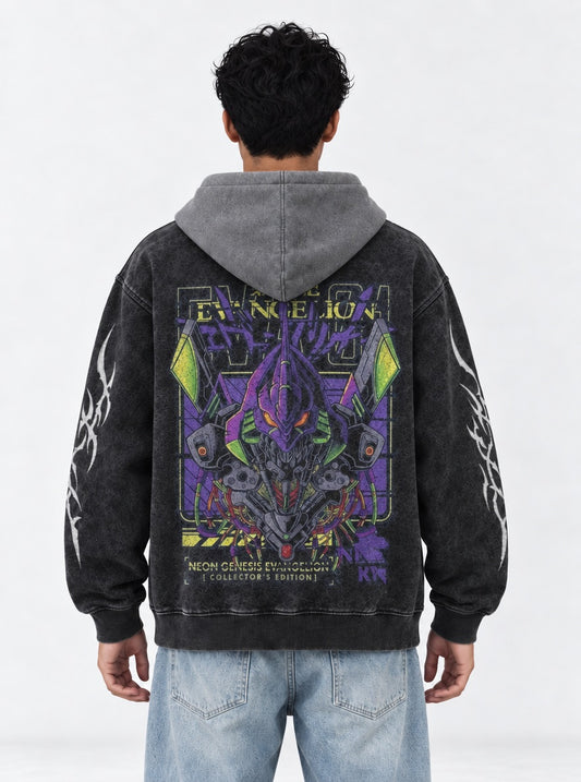 Neon Genesis Evangelion Clean Black and Grey Washed Hoodie on model, back view
