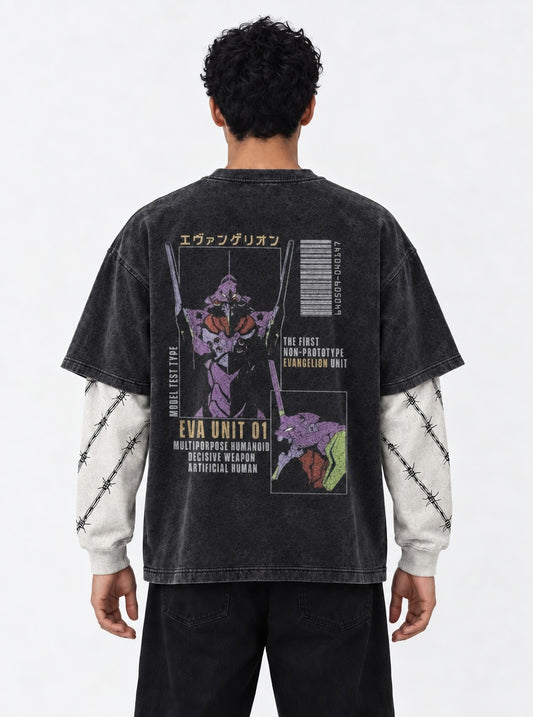 Neon Genesis Evangelion Clean Washed Double Sleeves T-Shirt on model, back view