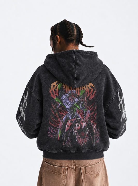 Neon Genesis Evangelion Clean Washed Hoodie on model, back view