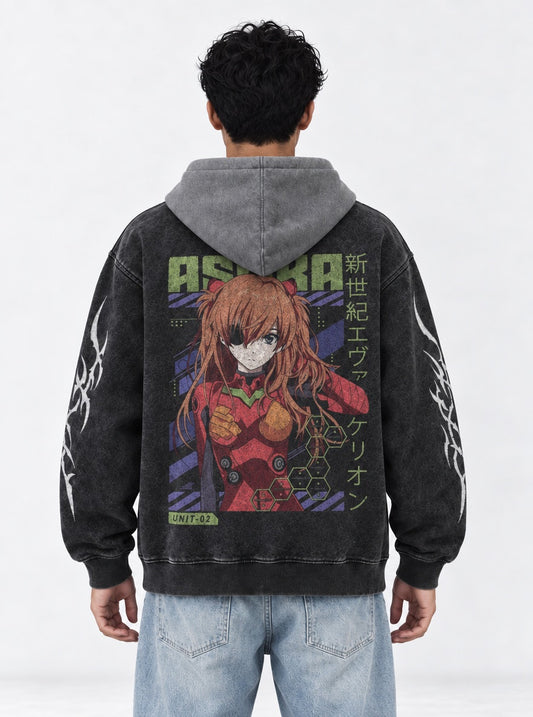Neon Genesis Evangelion Essential Black and Grey Washed Hoodie on model, back view