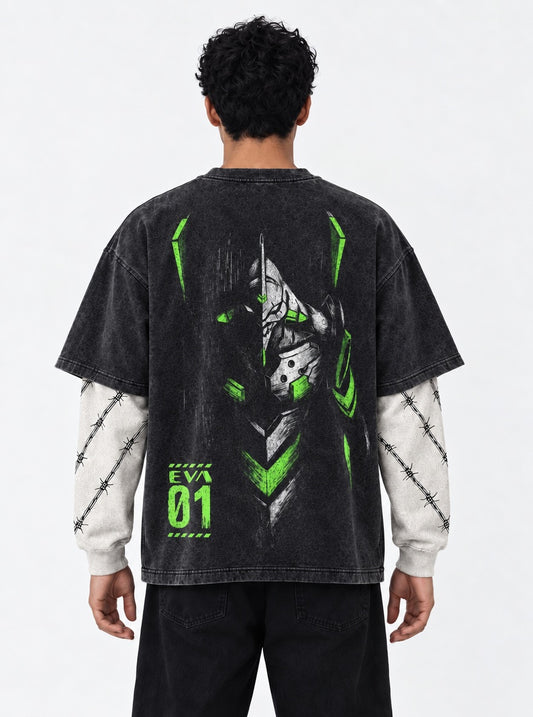 Neon Genesis Evangelion Essential Washed Double Sleeves T-Shirt on model, back view