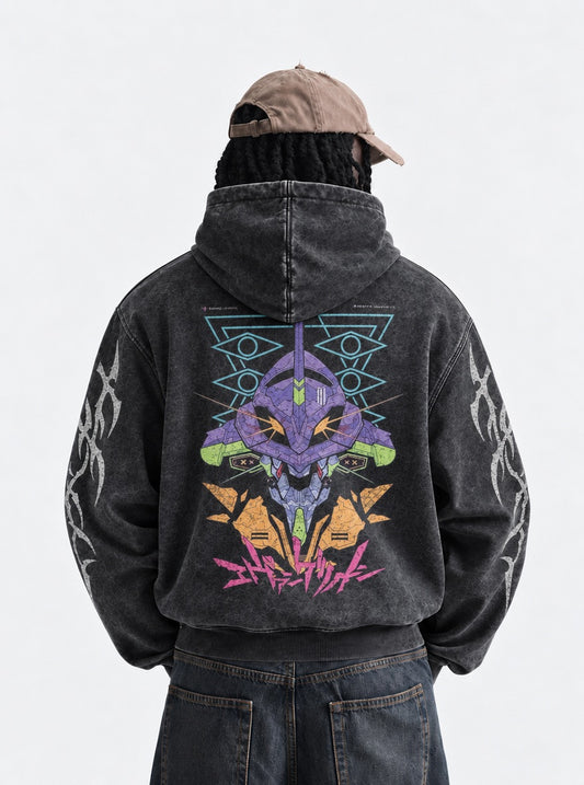 Neon Genesis Evangelion Essential Washed Hoodie on model, back view
