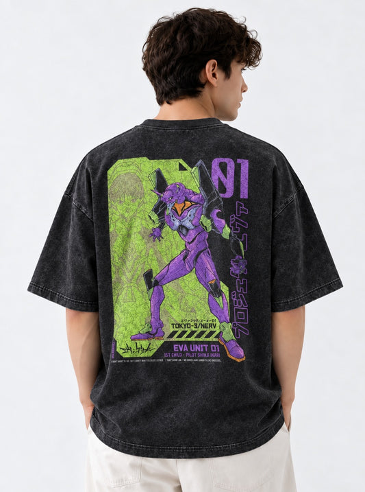 Neon Genesis Evangelion Essential Washed T-Shirt on model, back view