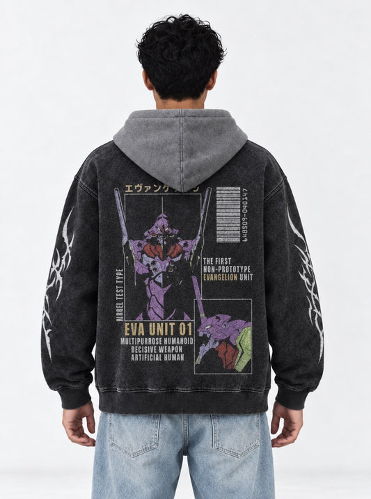 Neon Genesis Evangelion Graphic Black and Grey Washed Hoodie on model, back view