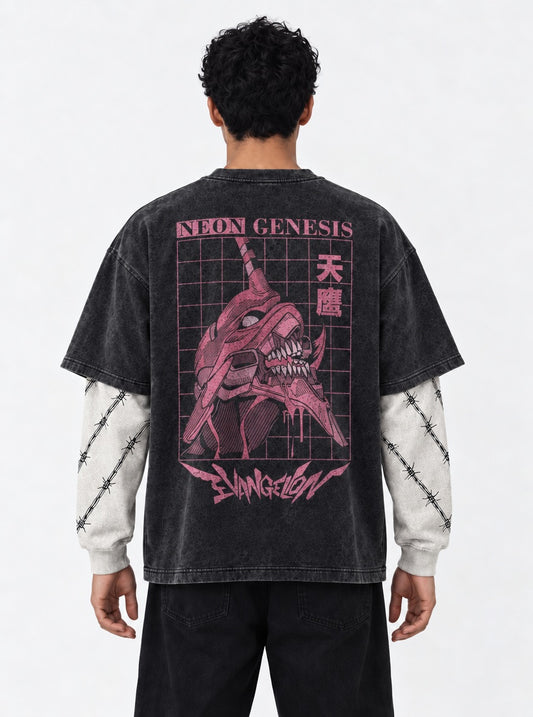 Neon Genesis Evangelion Graphic Washed Double Sleeves T-Shirt on model, back view