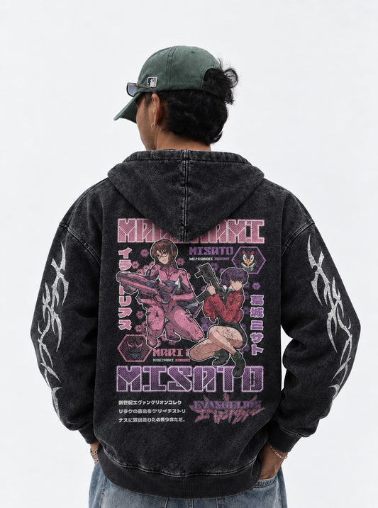Neon Genesis Evangelion Graphic Washed Hoodie on model, back view