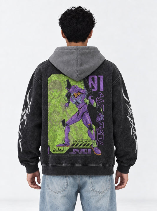 Neon Genesis Evangelion Heavyweight Black and Grey Washed Hoodie on model, back view