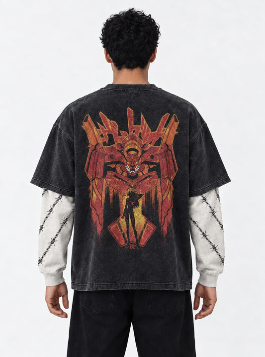 Neon Genesis Evangelion Heavyweight Washed Double Sleeves T-Shirt on model, back view
