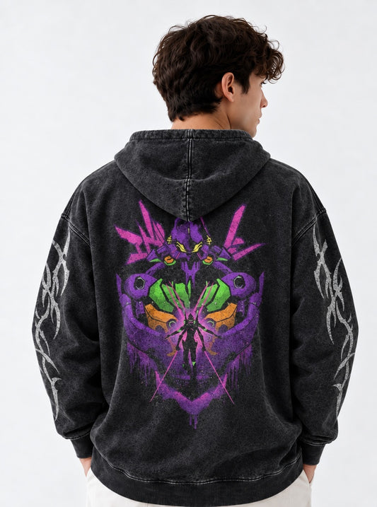 Neon Genesis Evangelion Heavyweight Washed Hoodie on model, back view
