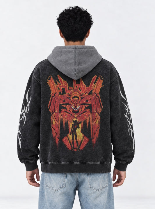 Neon Genesis Evangelion Lightweight Black and Grey Washed Hoodie on model, back view