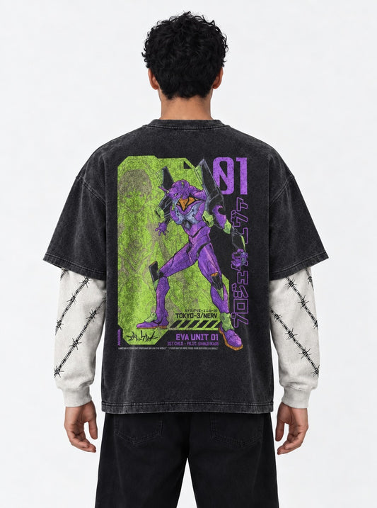 Neon Genesis Evangelion Lightweight Washed Double Sleeves T-Shirt on model, back view