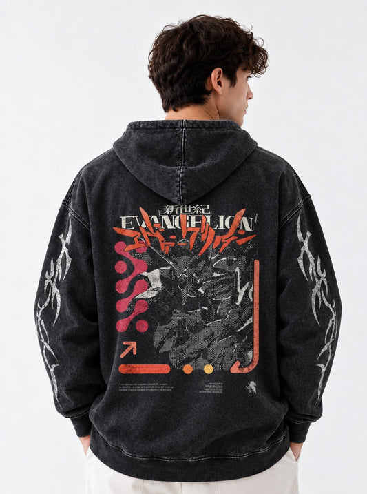Neon Genesis Evangelion Lightweight Washed Hoodie on model, back view