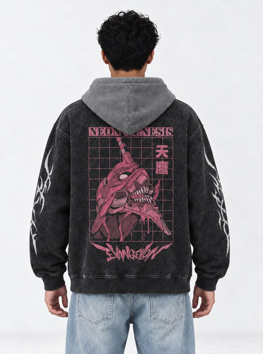 Neon Genesis Evangelion Minimal Black and Grey Washed Hoodie on model, back view