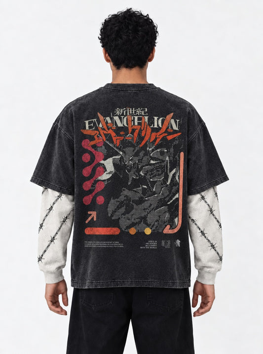 Neon Genesis Evangelion Minimal Washed Double Sleeves T-Shirt on model, back view