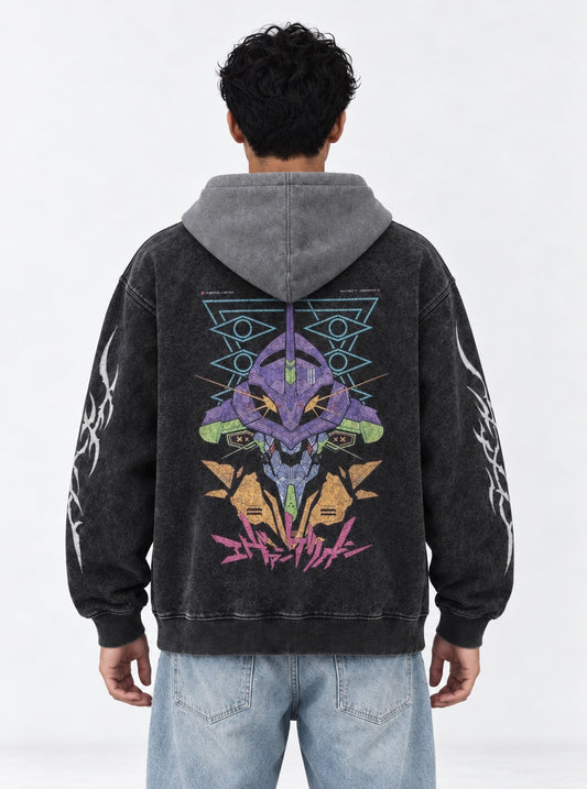 Neon Genesis Evangelion Oversized Black and Grey Washed Hoodie on model, back view