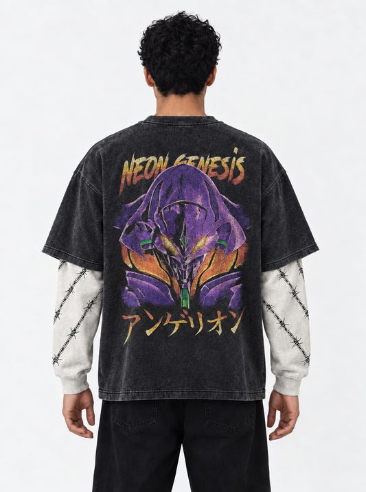 Neon Genesis Evangelion Oversized Washed Double Sleeves T-Shirt on model, back view