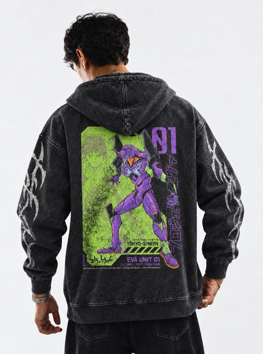 Neon Genesis Evangelion Oversized Washed Hoodie on model, back view