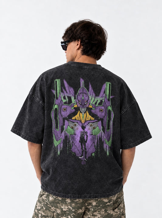 Neon Genesis Evangelion Oversized Washed T-Shirt on model, back view
