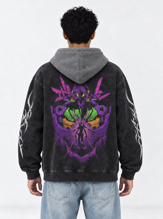 Neon Genesis Evangelion Premium Black and Grey Washed Hoodie on model, back view