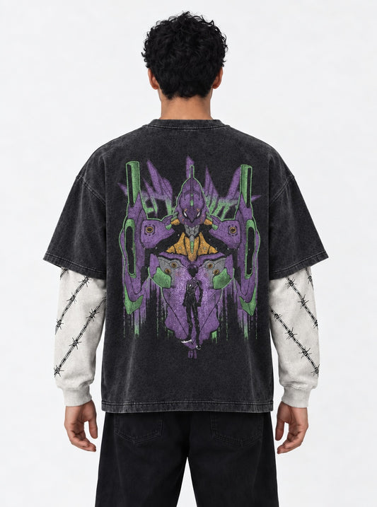 Neon Genesis Evangelion Premium Washed Double Sleeves T-Shirt on model, back view