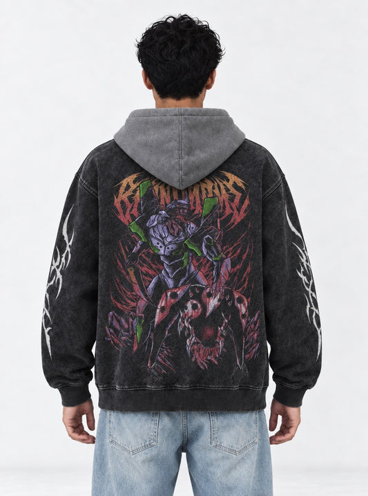 Neon Genesis Evangelion Relaxed Black and Grey Washed Hoodie on model, back view