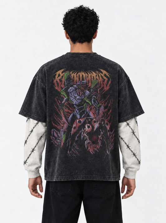 Neon Genesis Evangelion Relaxed Washed Double Sleeves T-Shirt on model, back view