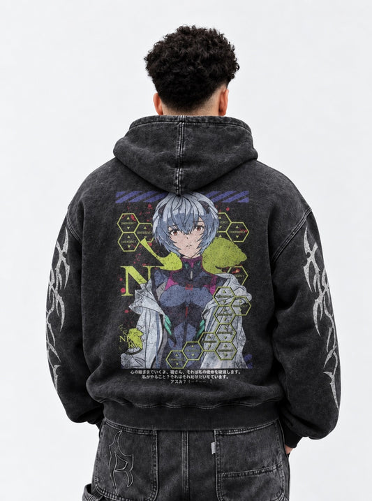 Neon Genesis Evangelion Relaxed Washed Hoodie on model, back view
