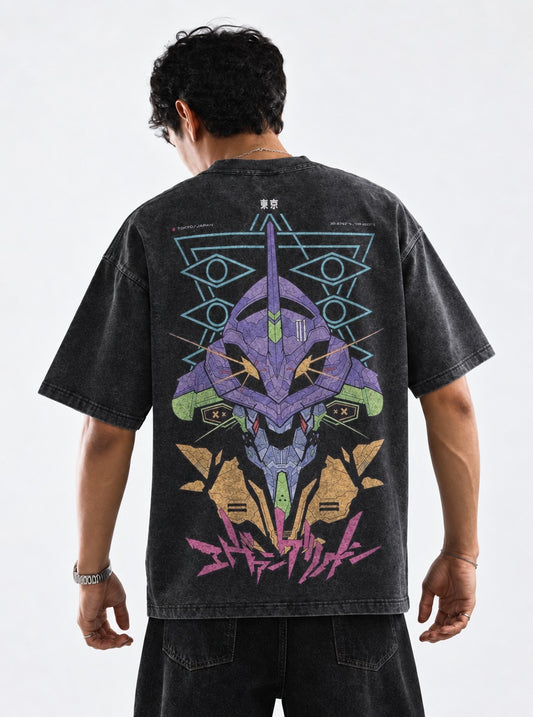 Neon Genesis Evangelion Relaxed Washed T-Shirt on model, back view