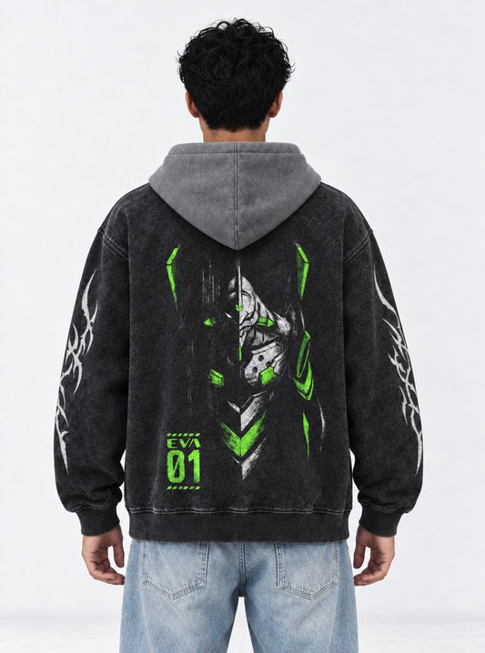 Neon Genesis Evangelion Signature Black and Grey Washed Hoodie on model, back view
