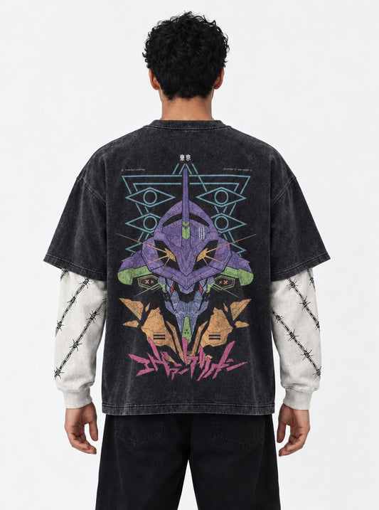 Neon Genesis Evangelion Signature Washed Double Sleeves T-Shirt on model, back view