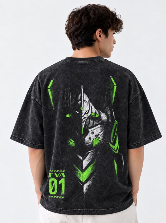 Neon Genesis Evangelion Signature Washed T-Shirt on model, back view