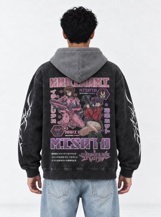 Neon Genesis Evangelion Streetwear Black and Grey Washed Hoodie on model, back view