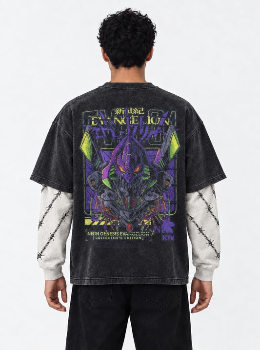 Neon Genesis Evangelion Streetwear Washed Double Sleeves T-Shirt on model, back view