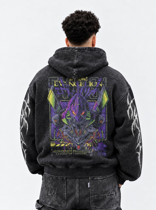 Neon Genesis Evangelion Streetwear Washed Hoodie on model, back view