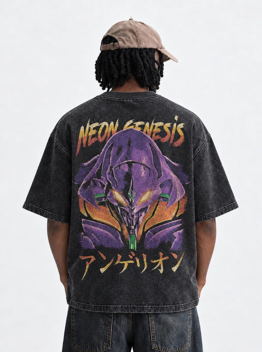 Neon Genesis Evangelion Streetwear Washed T-Shirt on model, back view