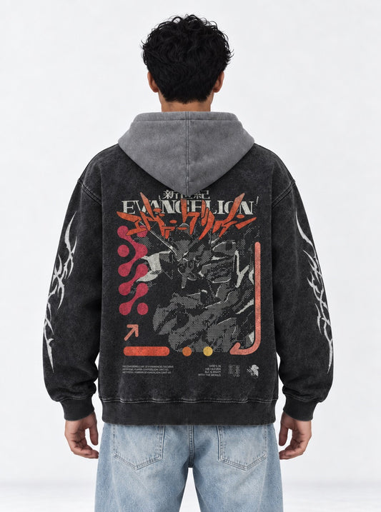 Neon Genesis Evangelion Urban Black and Grey Washed Hoodie on model, back view